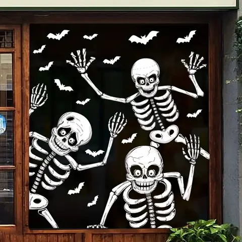 4pcs Black and White Skeleton Halloween Static Window Clings, Create a Spooky Holiday Atmosphere, Creative Halloween Themed Gift