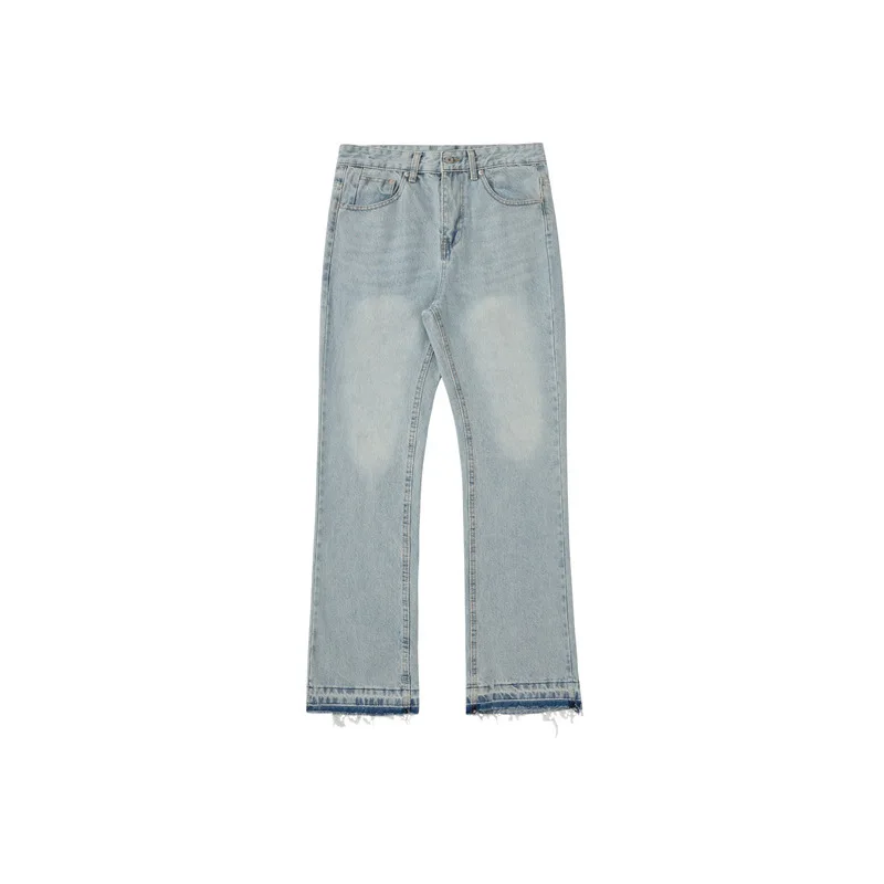 Men Blue Fringe Denim Jeans American Vintage Washed Distressed Straight Leg Ins Streetwear Casual Pants