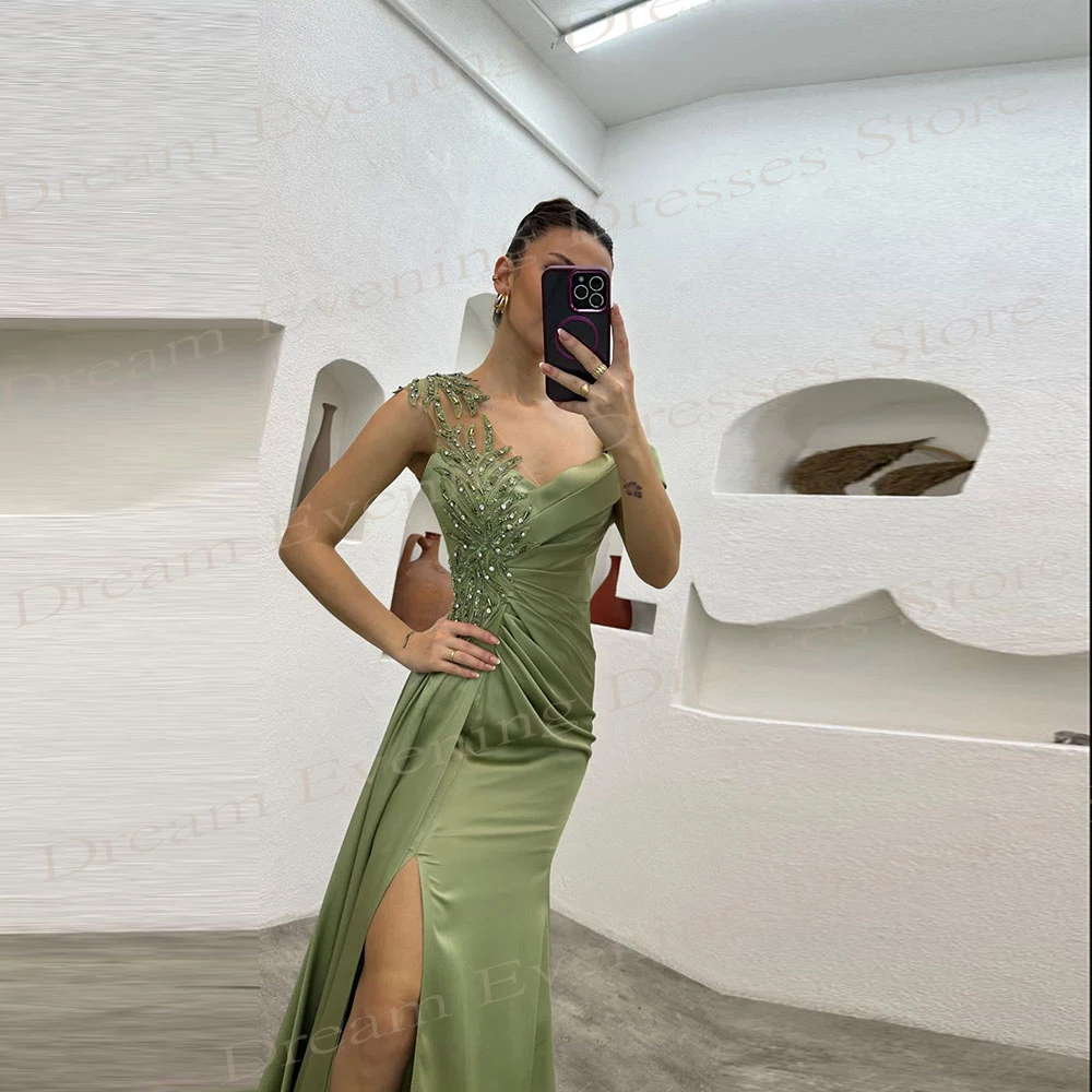 Simples e Generoso Vestido de Renda Frisado, Side Slit Prom Gowns, Árabe e Moderno, Sereia Verde, Sexy e Clássico, Ocasião Formal