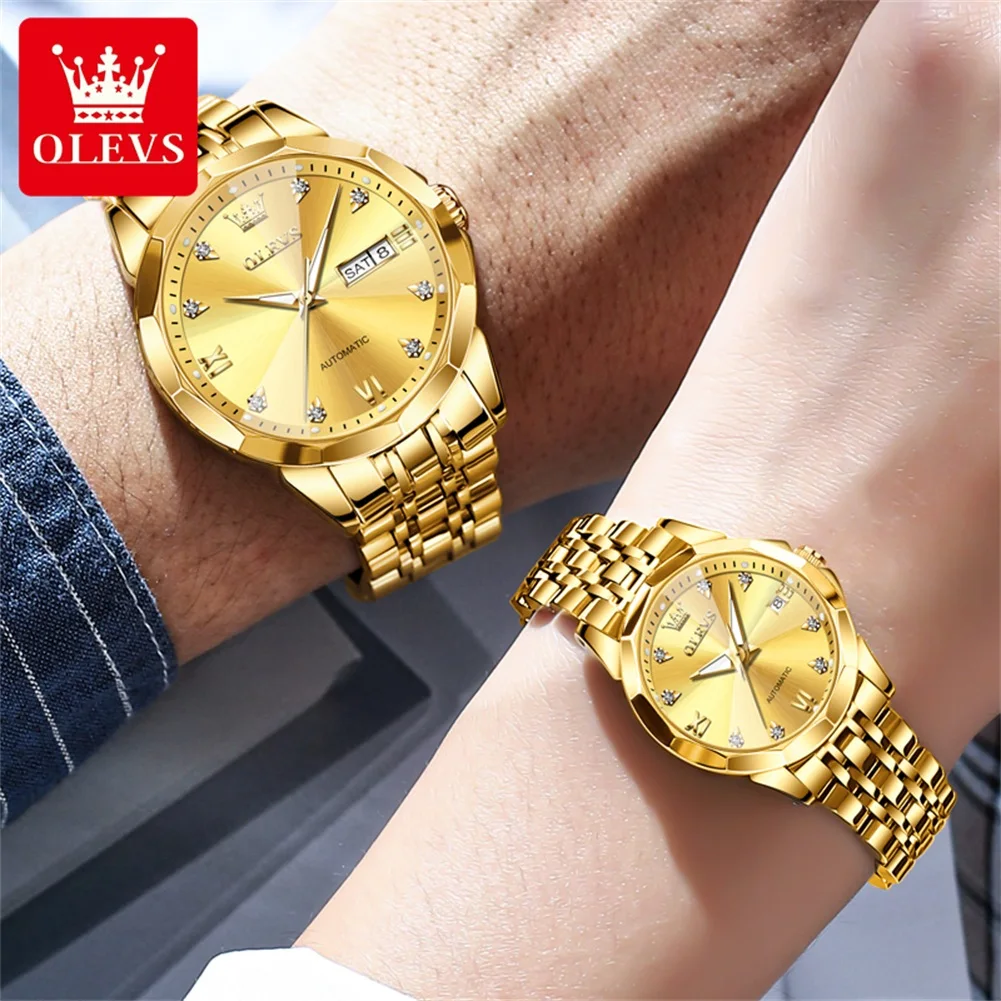 OLEVS Automatic Movement Mechanical Watches for Couple Luxury Golden Stainless Steel Self-winding Lover\'s Watches Pair Men&Women