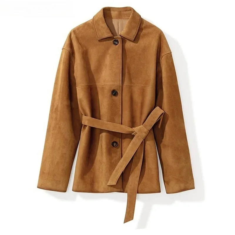 

Высококачественная детская замшевая кожаная куртка в стиле ретро для женщин, темно-коричневое однобортное длинное пальто с квадратным вырезом и поясом, женская верхняя одежда