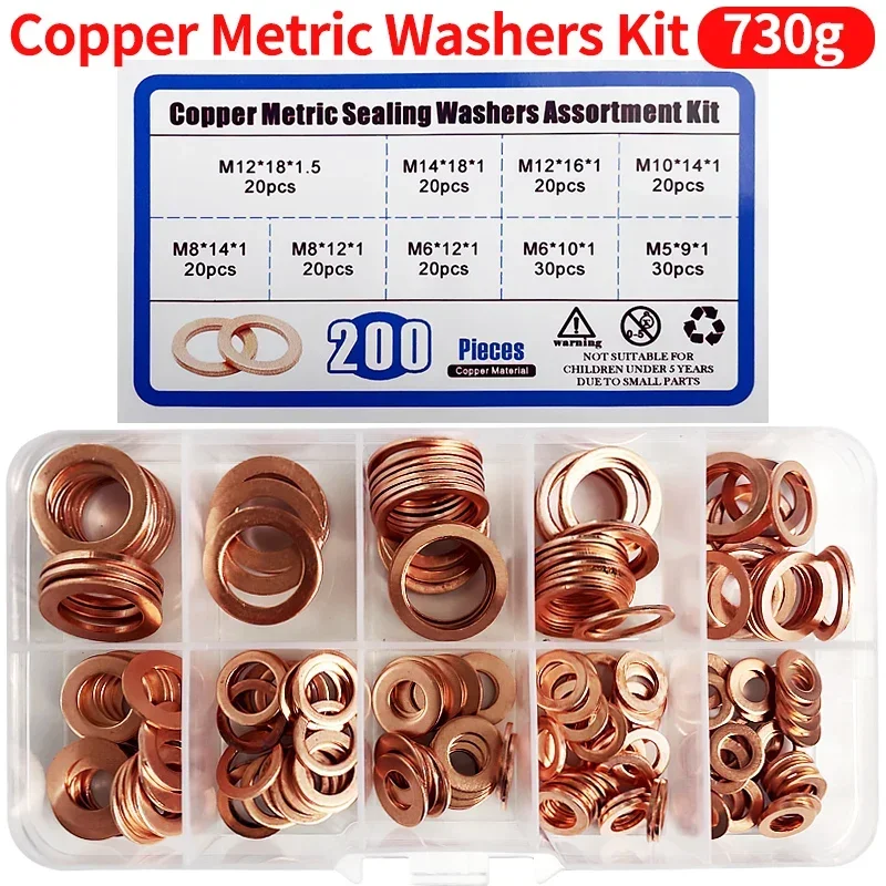 

200Pcs/Box Washer Copper Sealing Solid Gasket Washer Sump Plug Oil For Boat Crush Flat Seal Ring Tool