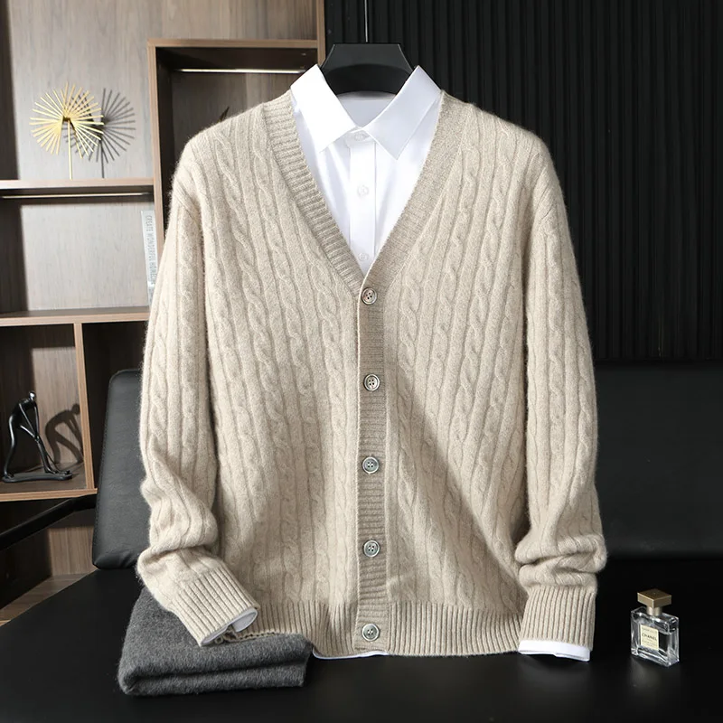 

MVLYFLRT Men's V-neck Pure Goat Cashmere Cardigan Knitted Thick Warm Jacket 100% Luxury Soft Cozy Sweater for Casual Wear