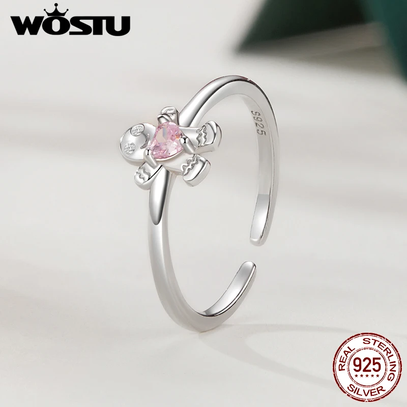 WOSTU 925 Sterling Silver Christmas Reindeer Opening Ring Gingerbread Man Christmas Tree Ring For Women Fine Jewelry Party Gift