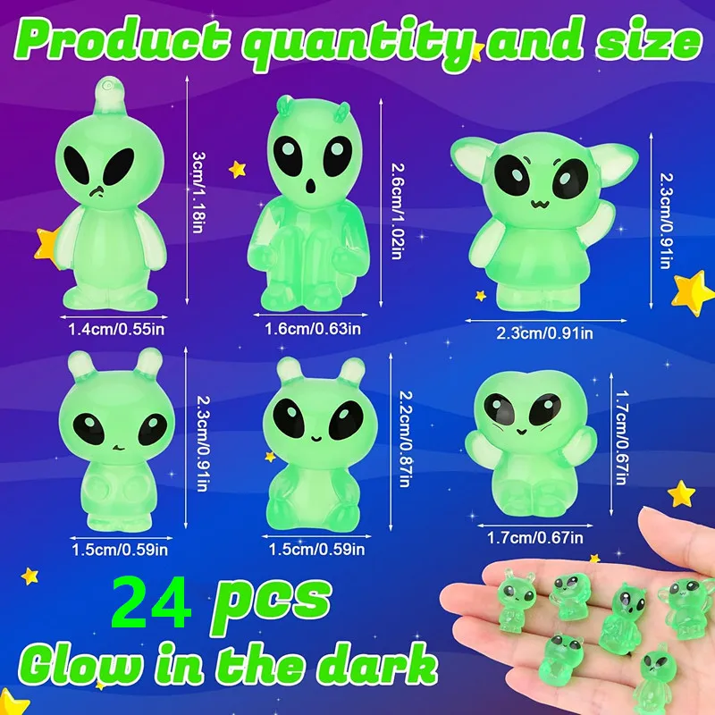 24Pcs Glow in Dark Resin Mini Alien Figurines Tiny Luminous Alien Figures Space Party Pinata Stuffers Halloween Prank Decor