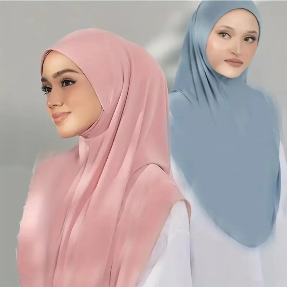 Soft Fabric Instant Hijab Full Coverage Double Chin Undercap Pullover Hijab Draped Design Long Length Instant Turbans Daily Wear