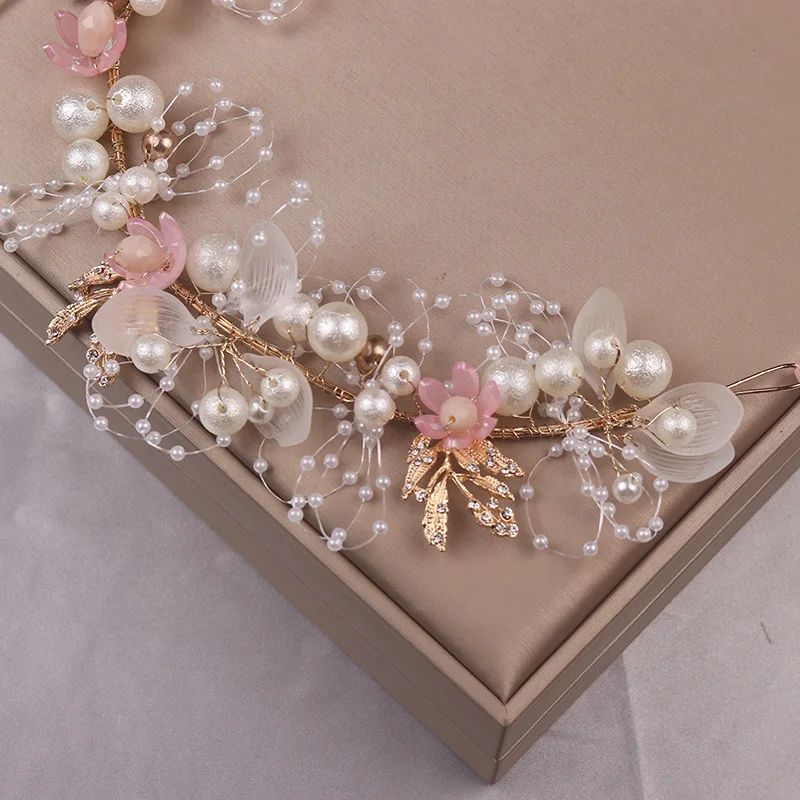 Sweet Bridal Hair Accessories Wedding Women Pearl Hairband Fairy Pink Girl Head Flower Crown Golden Wire for Female Decoration