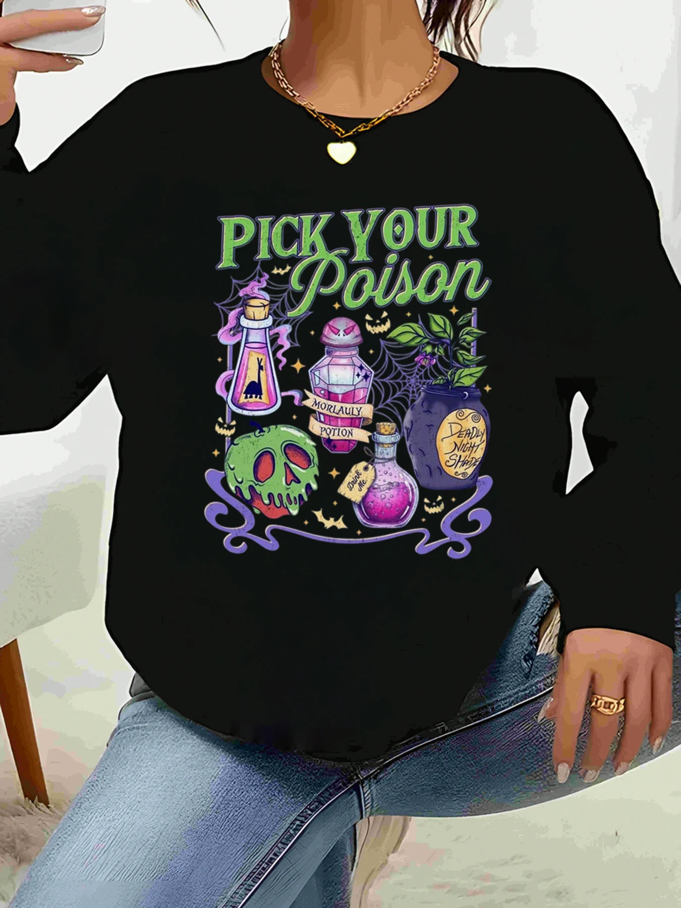 

Pick Your Poison Хэллоуин Графическая футболка с длинными рукавами Женская повседневная праздничная одежда