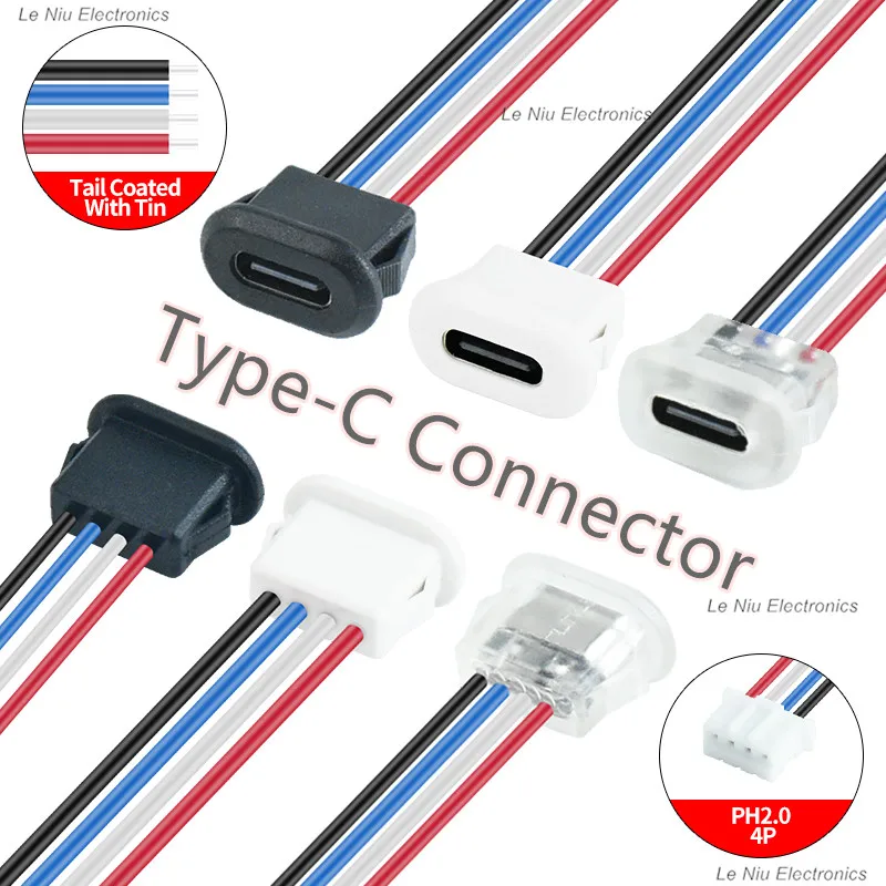 4Pin Type-C Female 5PCS Chassis Socket Tin Tail Wire PH2.0 4P Terminal USB-C 3A Charging Jack Connector