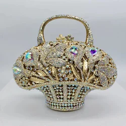 Flower Basket Diamond Dinner Bag Metal Hollow Hand-Held Rhinestone Women's Bag Banquet Clutch Purse Crystal Vintage Handbags