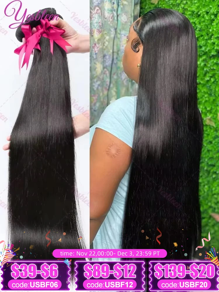 Yesbleen 30 40Inch Brazilian Remy Double Weft Bone Straight Bundles Raw Virgin 100% Human Hair Extensions Quick Weaves Wholesale