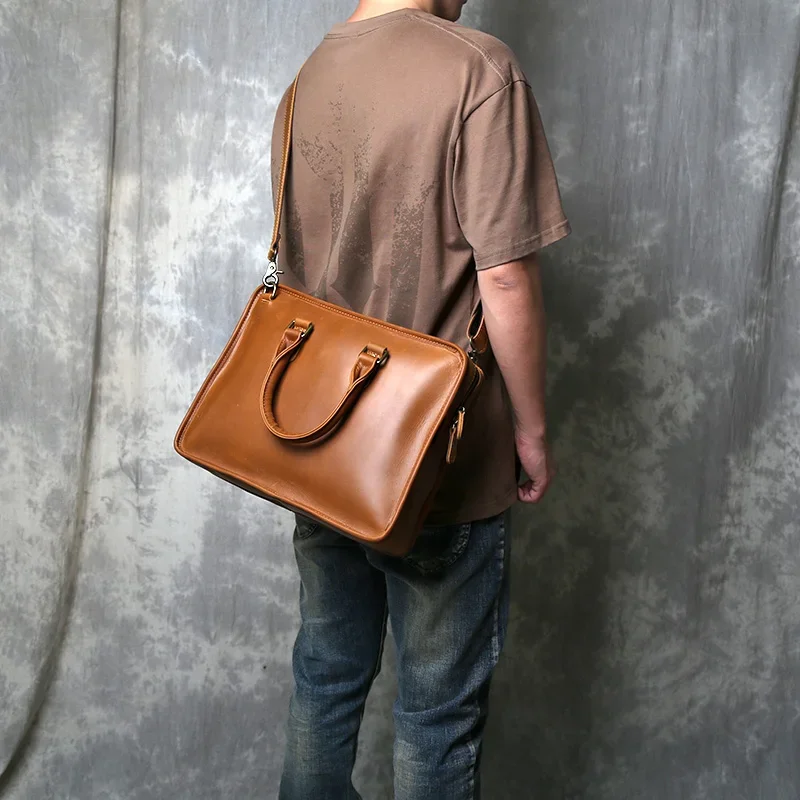 حقيبة يد من جلد البقر بطبقة الرأس للرجال مصنوعة يدويًا من الجلد الطبيعي حقيبة أعمال غير رسمية بكتف واحد حقيبة كمبيوتر كروس #3