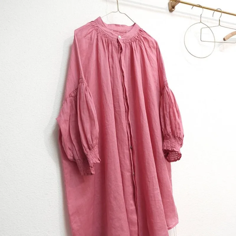 

Artistic Loose and Versatile Solid Color Blouse Women Summer New Ramie Seven Quarter Sleeve Mid Length Womens Sunscreen Shirt