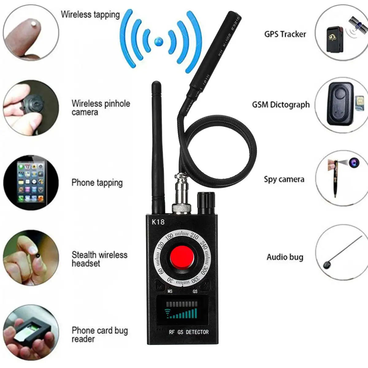 K18 Multi-function Anti-spy Candid Camera Detector GSM Audio Bug Finder Wireless RF Signal Lens GPS Tracker Detect 1MHz-6.5GHz