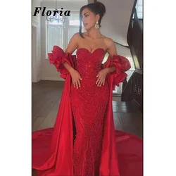 Vintage Red Pearls Evening Dresses Cape Sleeves Flowers Prom Dress Vestidos De Noche Dubai Couture Birdal Party Gowns Customized