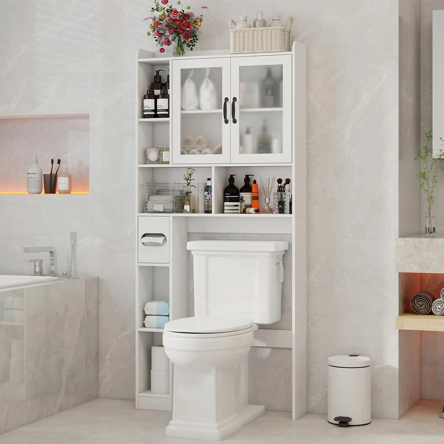 Over The Toilet Storage Cabinet with Acrylic Doors, White