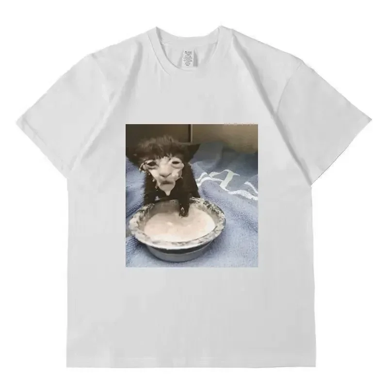 Milk Face Cat Meme Print T Shirt Weird Humor Funny Cat Graphic T-Shirts Men\'s Women Fashion Cotton Oversized T-shirt Streetwear