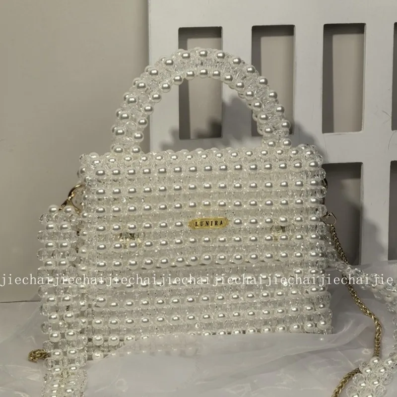 

New Fashionable Socialite Temperament High-end Bead Small Square Bags 2025 Exquisite Compact Pearl Hand Woven Crossbody Handbag