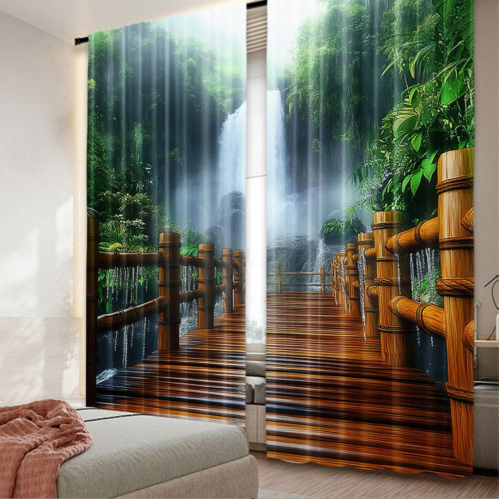 

2Pcs Outdoor Adventure Scene Curtain Mountain Waterfall Jungle Bridge Window Drapes Suitable For Bedroom Living Room A