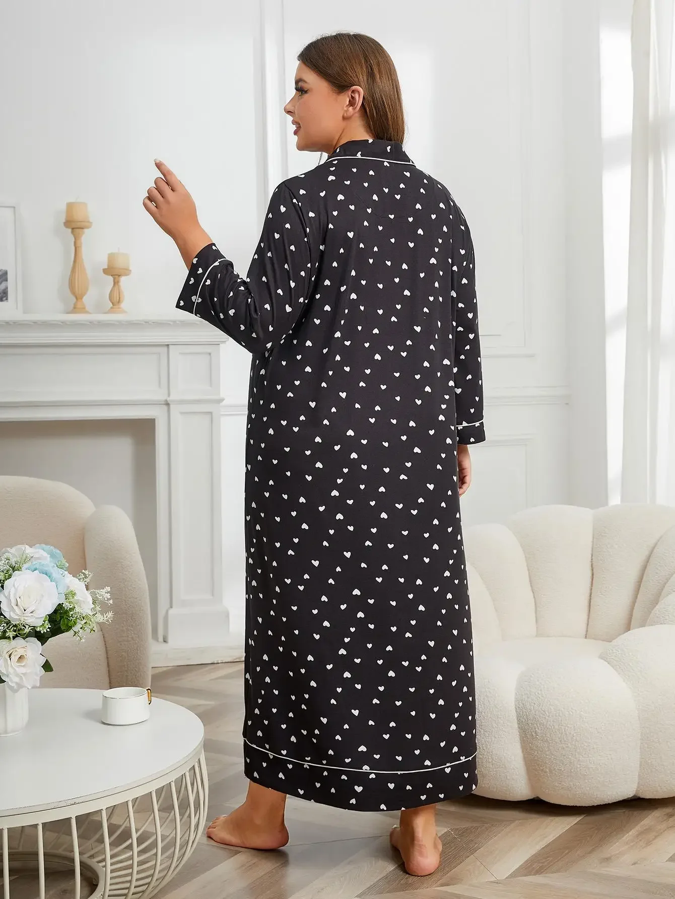 Plus Size Women Nightgown Notched Collar Female Sleepwear Dress Long Sleeve Fall Nightwear Front Button Homwear Clothing