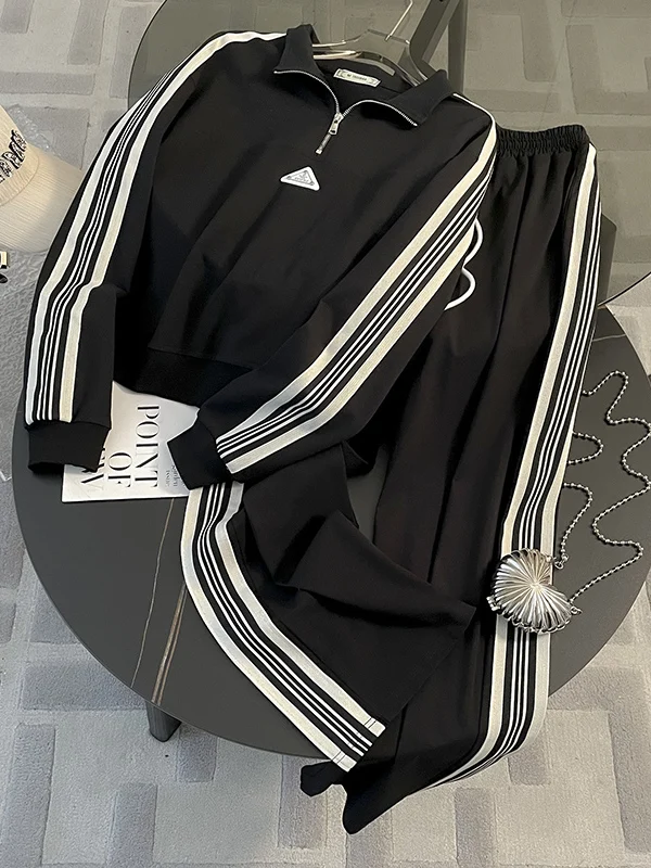 

Элегантный черный спортивный костюм с длинными рукавами для женщин: повседневные брюки с широкими штанинами, комплект из двух предметов, осенняя мода, антивозрастной эффект