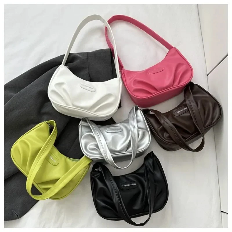 Damen Einfarbige PU-Halbmondtasche mit Reißverschluss, Nicht Abnehmbarer Riemen, für Handy, Lippenstift, Geldbörse, Kompakte Essentials-Tasche