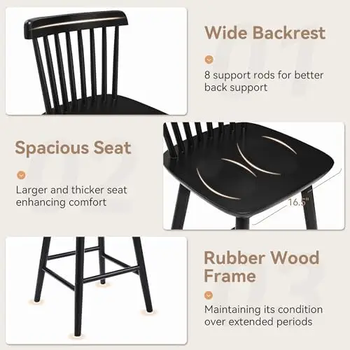 Upgraded Windsor Wooden Black Bar Stools Set of 4, 24 Inch Counter Height Barstools with Spindle Back/Bigger Seat for - view 3