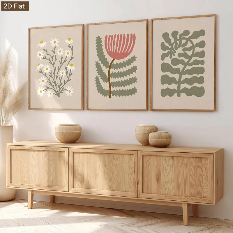 （NoFranme 3PCS）-2D Flat, 2D Flat, Set of Three Minimalist Abstract Pink Floral Wall Art Pieces, Featuring a Nordic Morandi To