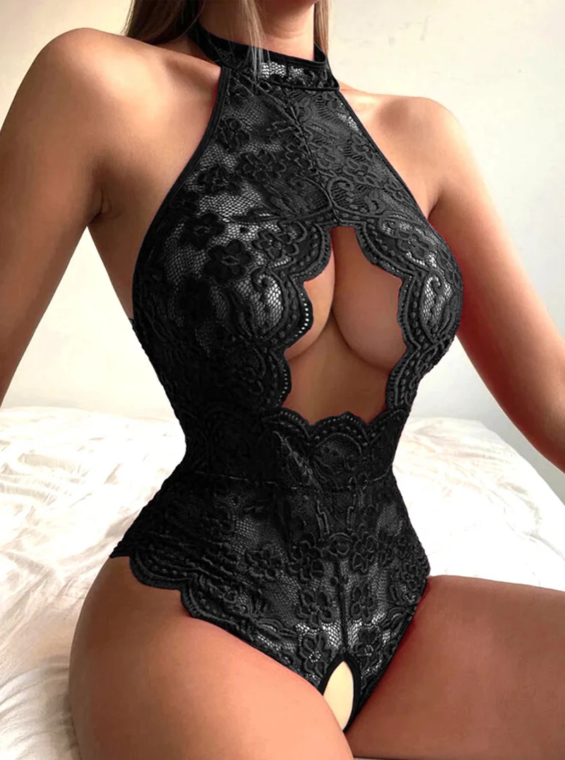 Hot Sexy Lingerie For Woman Lace Transparent Bra Perspective Crotchless Bodysuit Porn Costume Deep V Backless Underwear Set