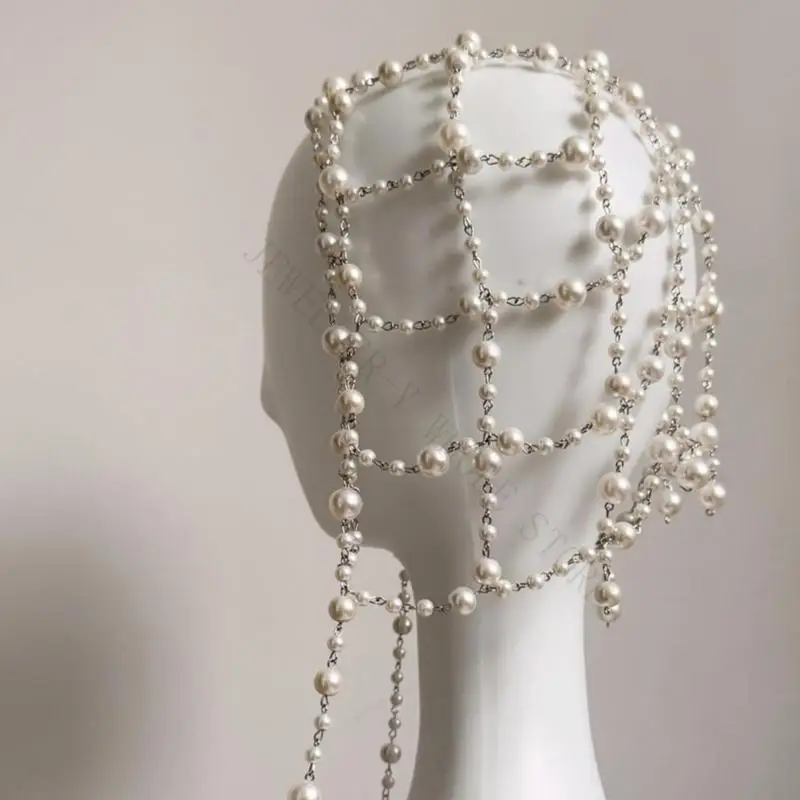 R7UF Decorative Beaded Cap Adorned With Faux Pearls Comfortable Elastic Fit Head Chain For Most Season And Various Outfits