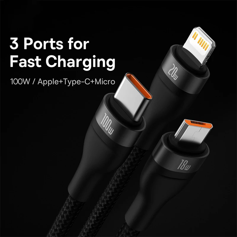 Baseus 100W 3 in 2 USB-kabel voor Macbook Snel opladen 20W USB Type C-kabel voor iPhone 15 14 Pro Max Huawei Honor Xiaomi 13