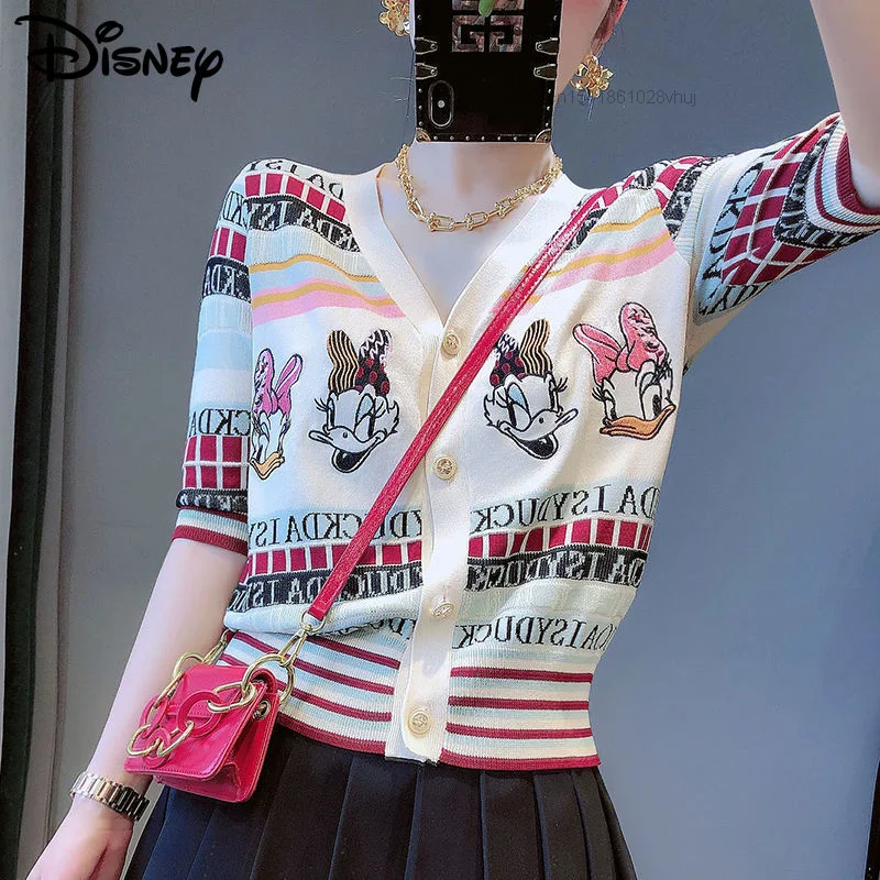 Disney Donald Daisy Duck Sweater Women\'s Letter Embroidery T Shirt Short Sleeve Clothing Traf Sweater Cardigan Top Y2k Knitwears