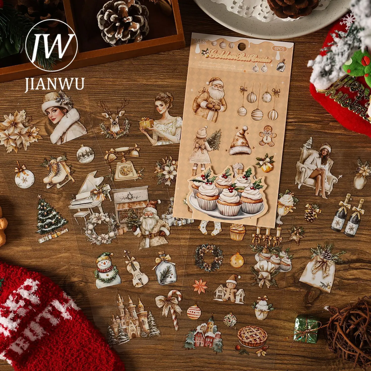 JIANWUOde To Snowy Night Series Vintage Christmas Santa Claus Landscape Material Collage PET Sticker Creative Journal Stationery
