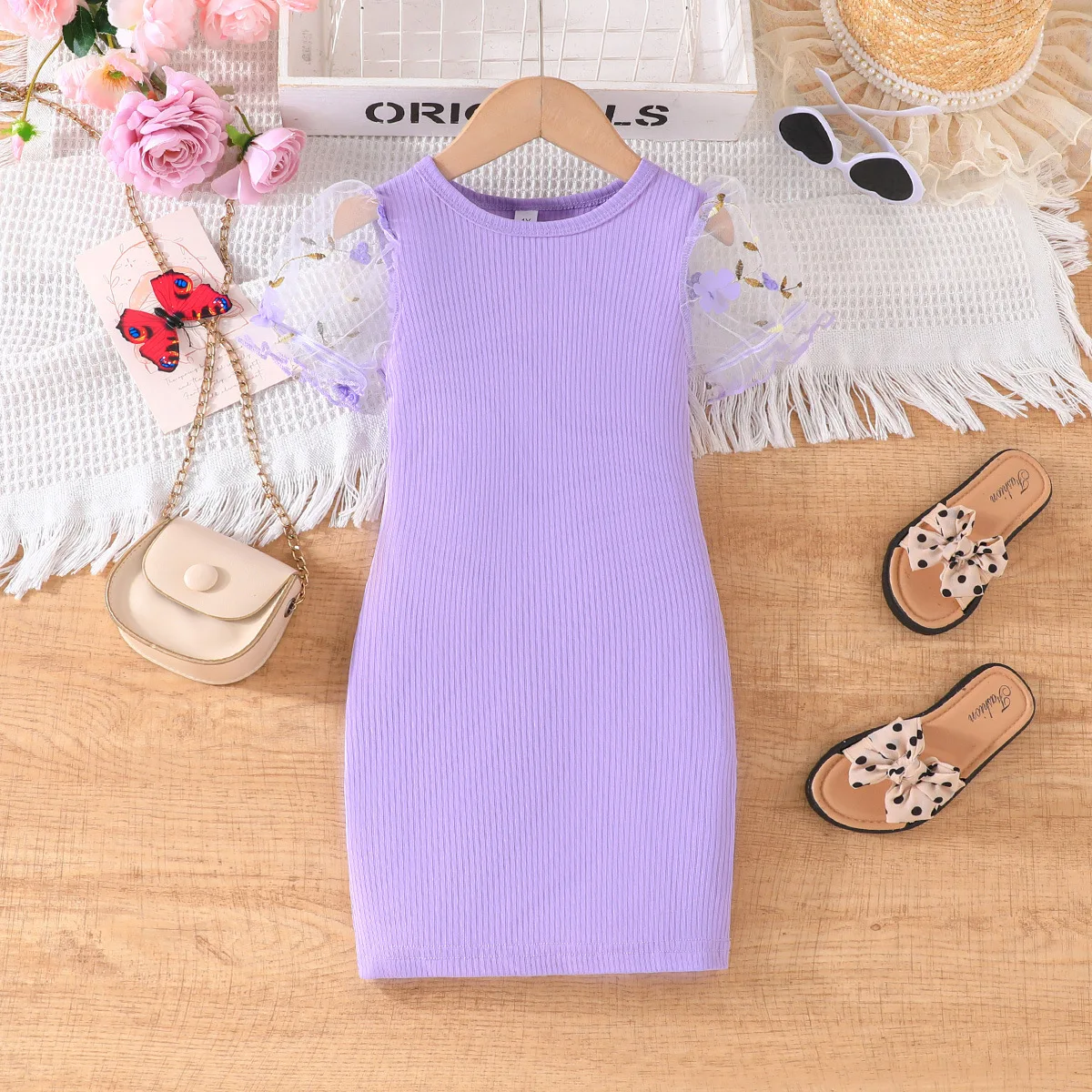 

2024 Summer New Arrival Girls Sleeveless O Neck Mesh Purple Roupa Infantil Menina Cute Party Dress Custume 4-7T