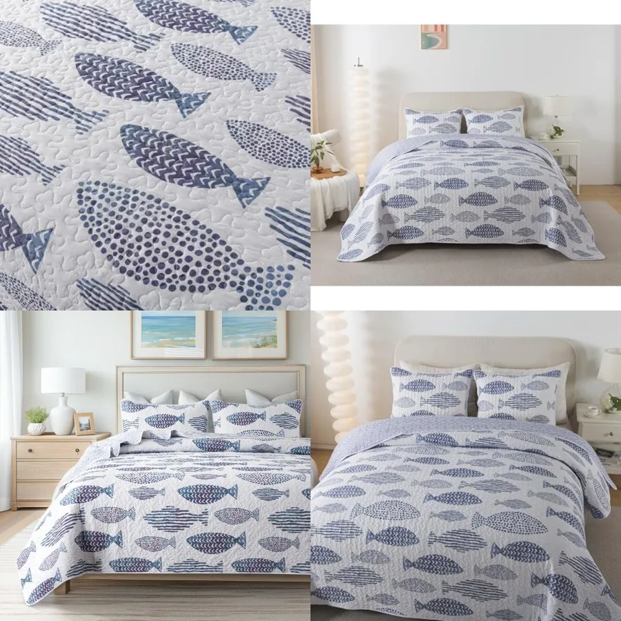 

3-Piece Quilt Set - Size with 2 Shams, Blue and White Ocean-Inspired Bedding Set, Nautical Fish Design, Lake Themed Coastal Qui
