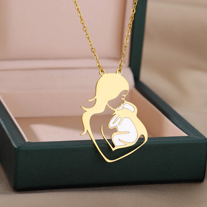 Holding Baby In Arms Necklaces For Women Mom Gold Color Neck Chain Stainless Steel Necklace Pendant Female Jewelry Birthday Gift