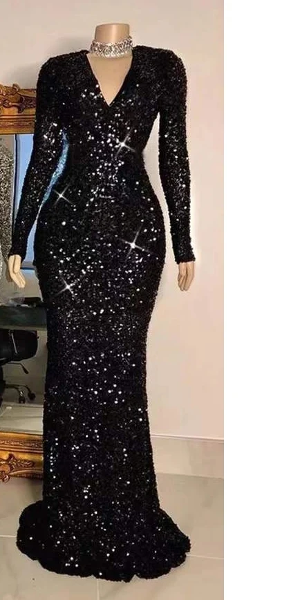 Customized Women Gray V Neck Long Sleeve Sequin Dress Elegant Evening Dress Party Maxi Dress Ladies Trailing Dresses