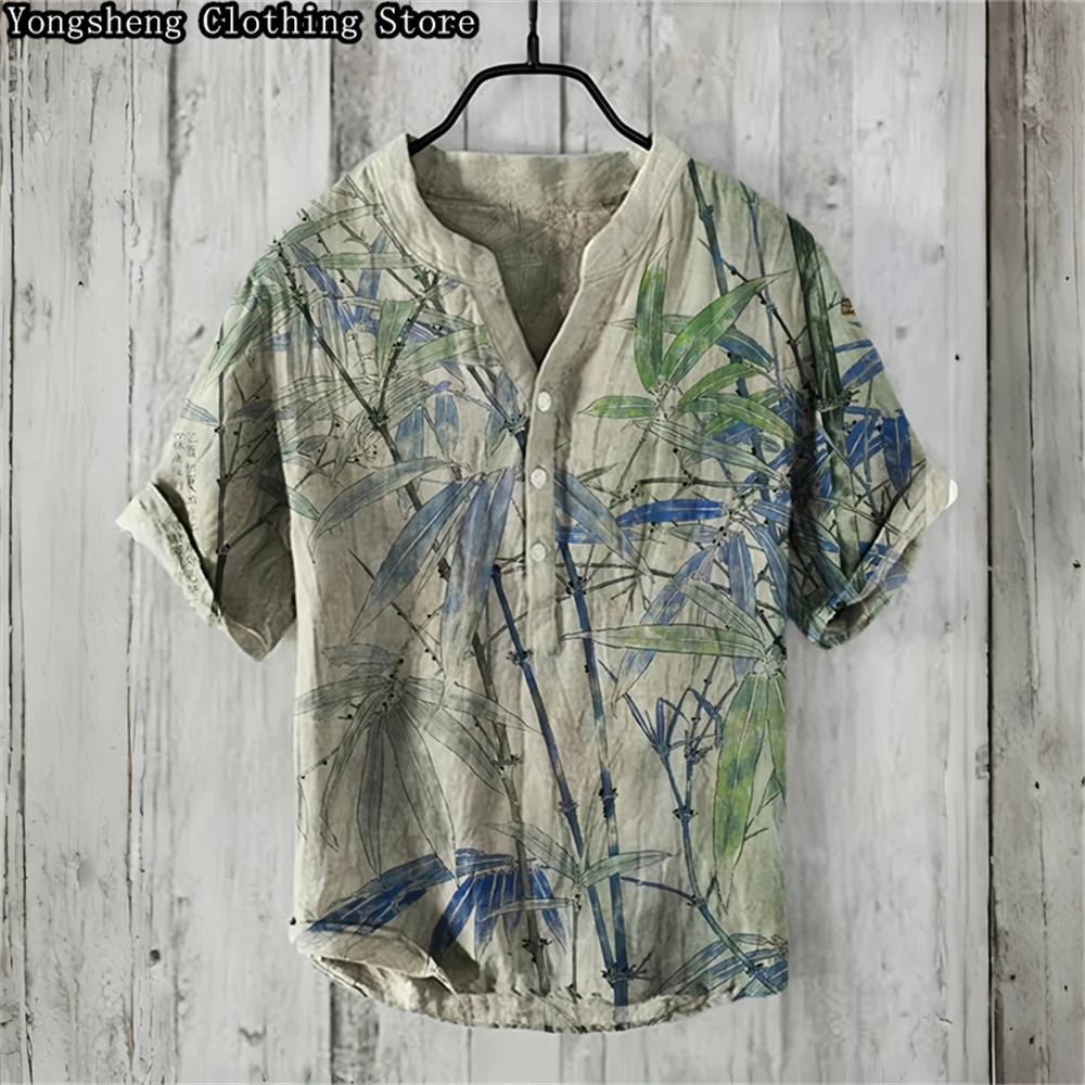 Summer Men's Short-Sleeved POLO Shirt Linen Printed Shirt Personalized New Popular Element Printed Large Size Shirt S-5XL