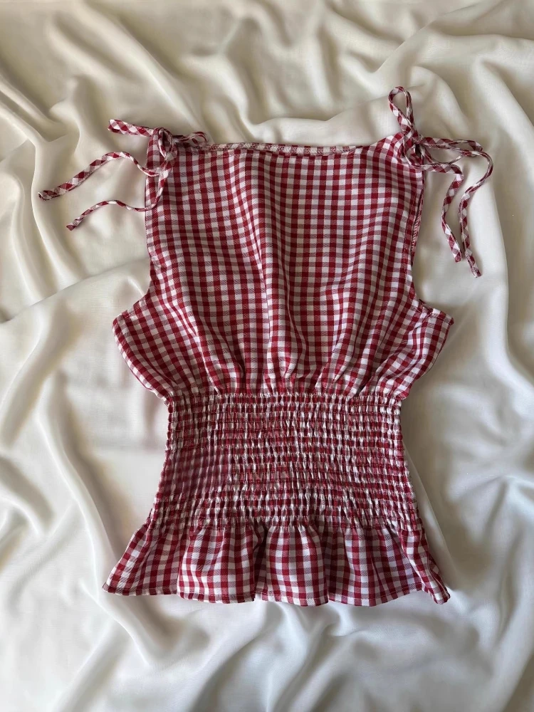 Red White Gingham Cami Top for Women Tie Straps Smocked Waist Ruffle Hem Casual Summer Blouse