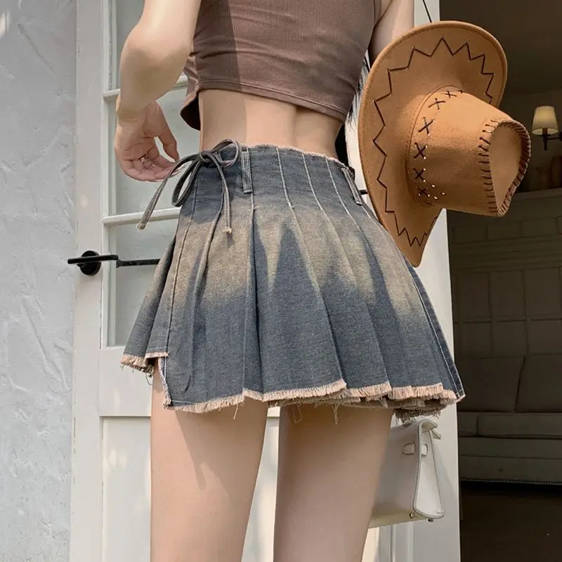 

Mini Pleated Denim Skirts for women Bandage Skirts, Korean Chic fashion Female streetwear, casual tender basic Hotsweet Summer