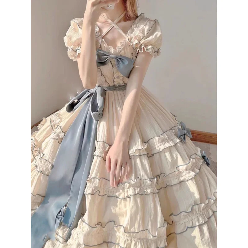 

French Lolita Princess Dress with Puffy Sleeves And Ruffle Binding Bow Waist Cinching Dress Short Sleeve Midi Dress