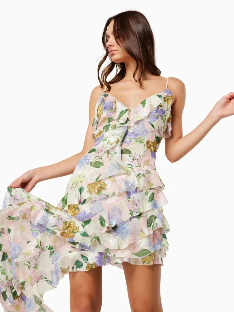 

Sexy Spaghetti Straps Floral Printed Ruffle Long Dress Women Sleeveless V Neck Slim Beach Party Holiday Dress Summer Dress