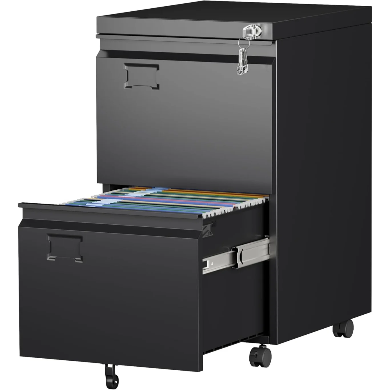 

2 Drawer File Cabinet with Wheels, Lockable Metal Filing Cabinet with Business Card Slot for Legal/Letter Size Home Office