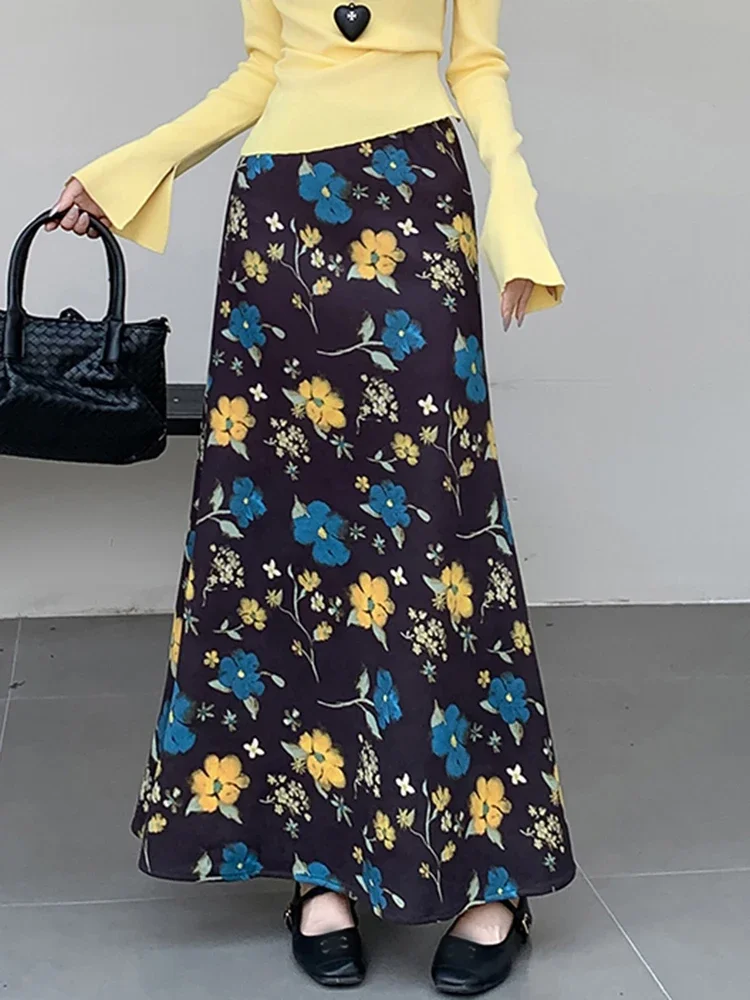 Zoki الأزهار الرجعية التنانير الطويلة النساء فو الجلد المدبوغ ضئيلة عالية الخصر Y2K تنورة الشارع الشهير خمر الأمريكية الخريف الشتاء حورية البحر التنانير