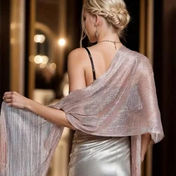 Gold Tassel Elegant Ladies Party Shawl Silver Shimmer Wedding Stoles Glitter Golden Beach Smock Metallic Premium Women's Scarves