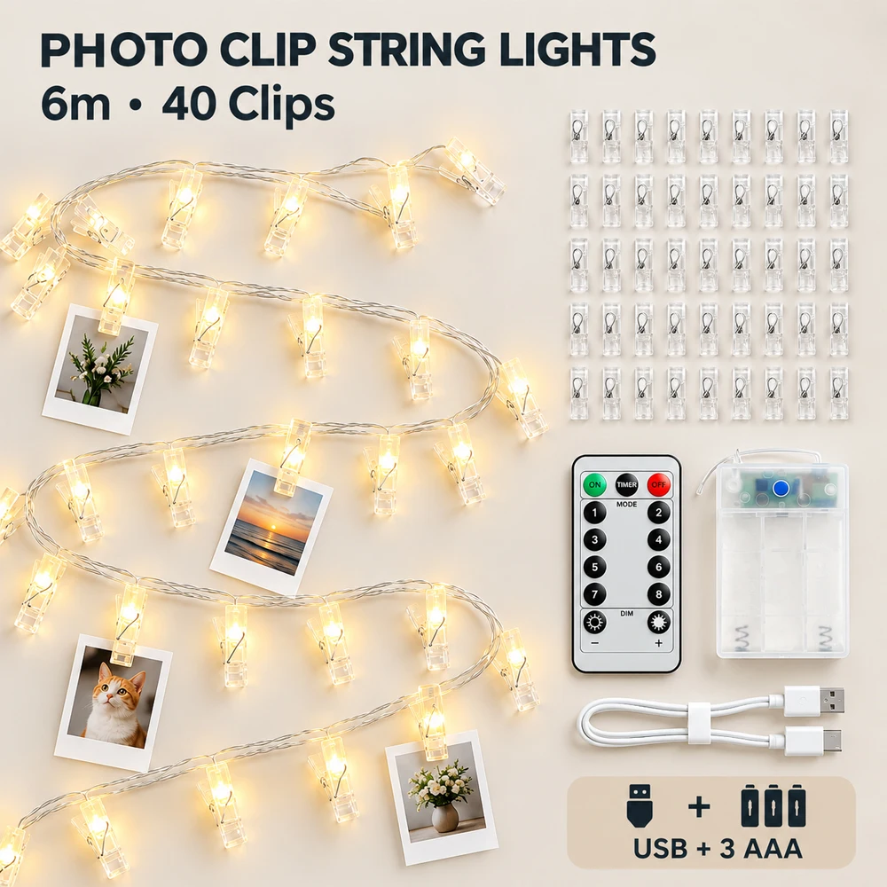 Photo Clip String Lights 6m 40 Clips Warm White LED Picture Hanging Lights Remote Control USB Battery Bedroom Dorm Wedding Decor