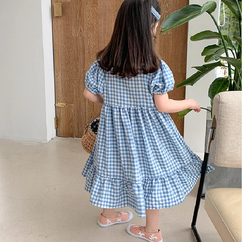 Girls' Plaid Wide Neck Short Sleeve Princess Dress25Summer New Foreign Trade Children's Wear Delivery