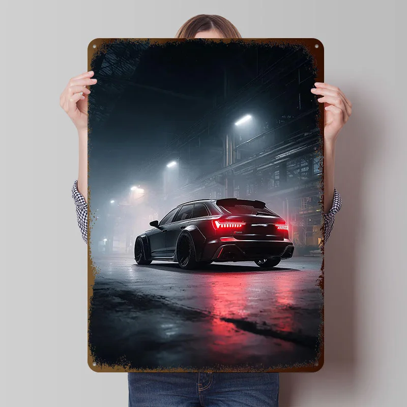 Schlankes schwarzes Sportwagen RS6 Avant in Garage Poster, individuelle Wandkunst, Vintage-Metallschilder, Retro-Blechschild für Man Cave House