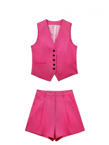 Imagen 2 del producto HH 2025 Conjunto de pantalones cortos de lino sin mangas con botones lisos elegantes para mujer, conjunto de chaleco elegante informal Vintage con cuello en V, traje de oficina para mujer