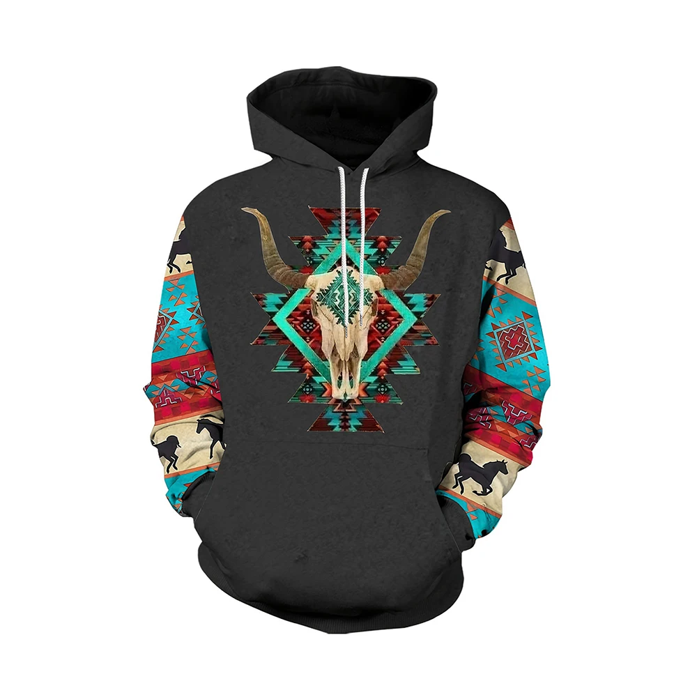 Yellowstone Antlers Print Hoodie Vintage Men's Hoodies Outdoors Casual Long Sleeves Sweatshirts Loose Men's Clothing Tops 6XL